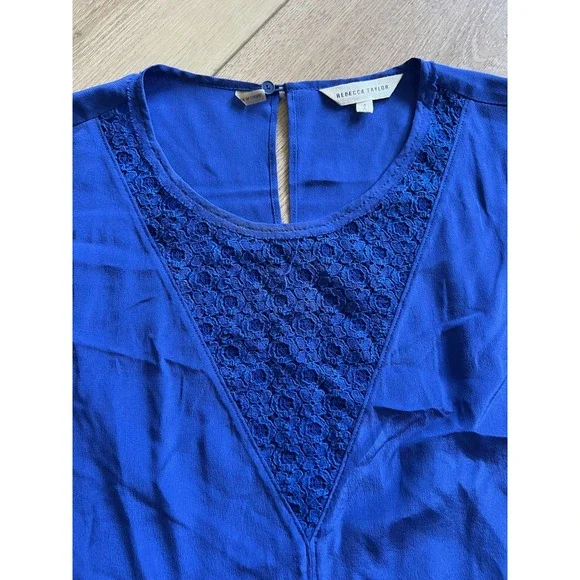 Rebecca Taylor Blue Lace V Neck Cap Sleeve High Low Silk Blend Women Top Size‎ 4 - Picture 3 of 7